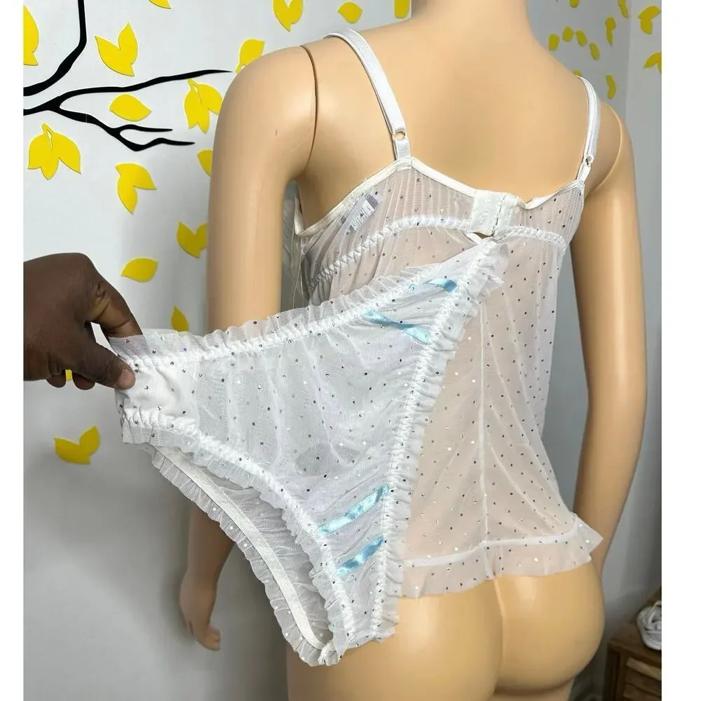 Escante Lover’s Lane Women’s Lingerie Sequin Cami‎ Set Blue Ribbon Size 1x White - Picture 10 of 12